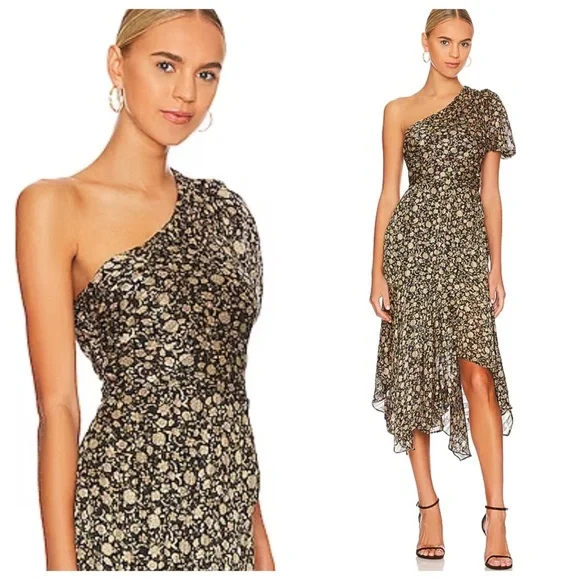 NWT ASTR The Label Santorini Midi Dress in Black & Taupe Multi, size Medium - Picture 1 of 12